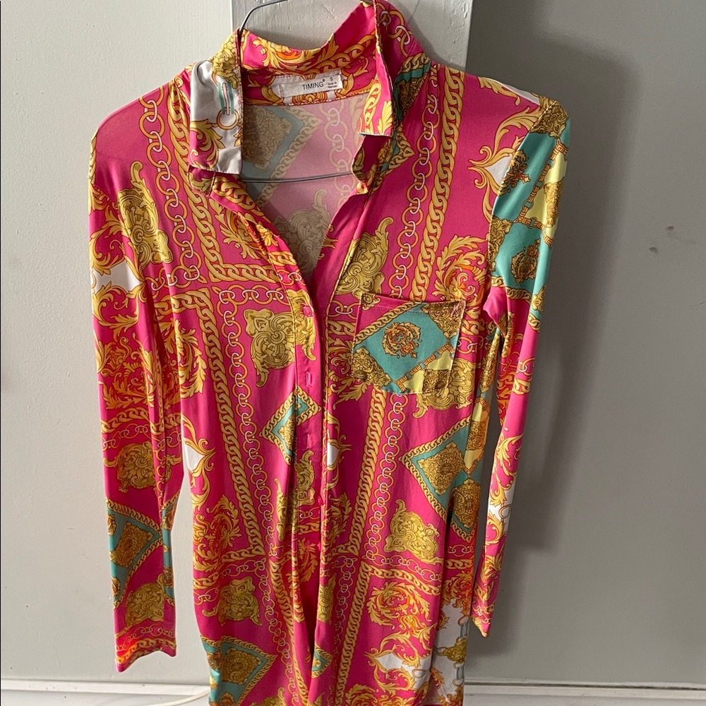 Vibrant Pink and Gold Button-Up Shirt